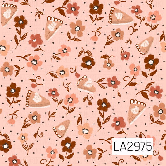 A charming seamless pattern featuring hand-painted pumpkin pie slices nestled among scattered autumn florals on a warm peach background. Soft coral, rust, blush, and warm brown blooms are accented with delicate vines and tiny black dots, creating a sweet vintage-inspired design full of cozy fall charm.
