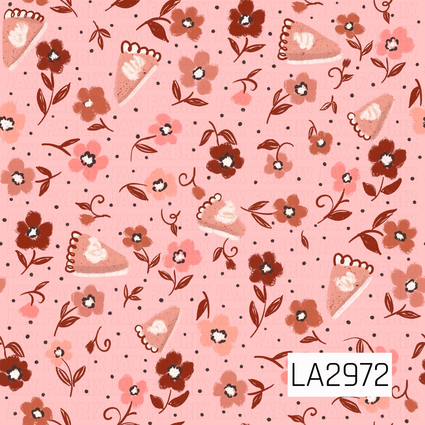 A charming seamless pattern featuring hand-painted slices of pumpkin pie scattered among whimsical florals and delicate leafy sprigs on a soft blush pink background. Warm rust, peach, and rosy tones paired with tiny black polka dots give this design a sweet vintage feel, making it a beautiful coordinating print for cozy autumn and Thanksgiving collections.
