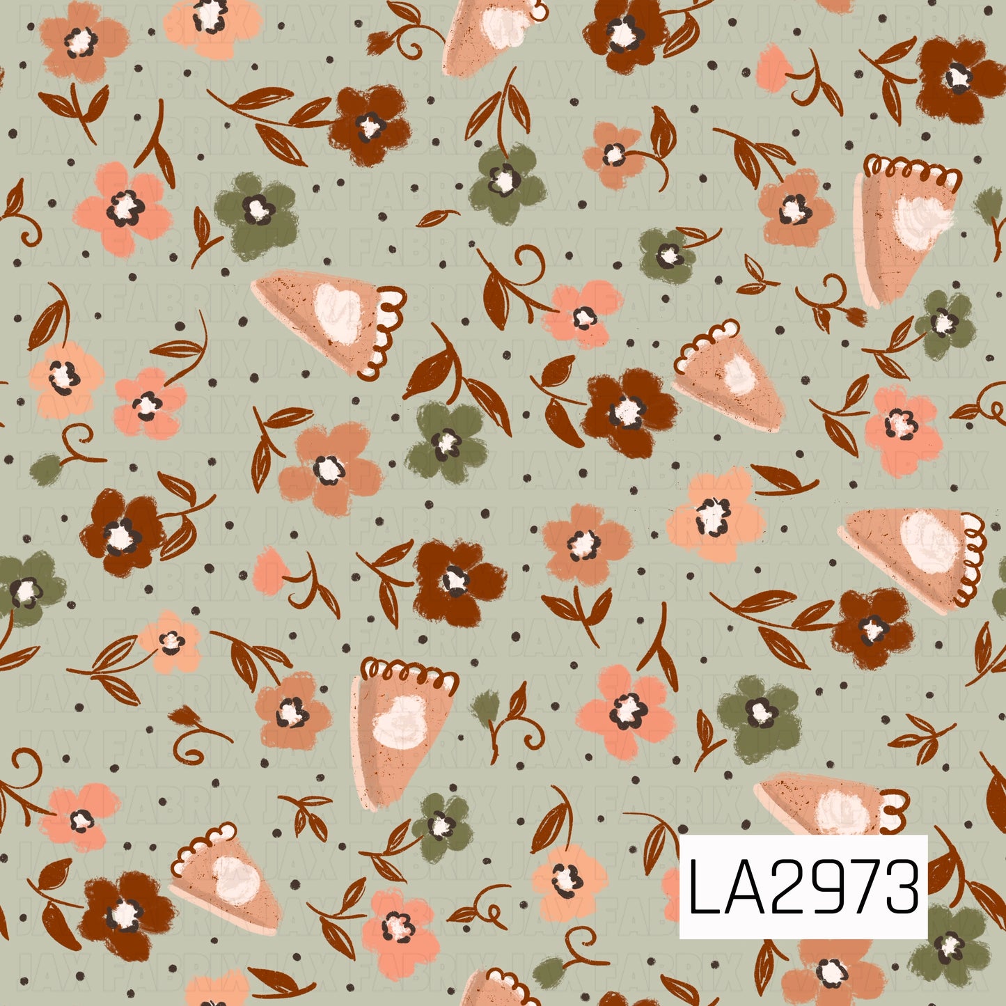 A charming seamless pattern featuring hand-painted slices of pumpkin pie scattered among warm autumn florals on a soft sage green background. Rich rust, peach, coral, and muted olive blooms are accented with delicate brown vines and tiny dotted details, creating a cozy vintage-inspired design perfect for fall and Thanksgiving collections.
