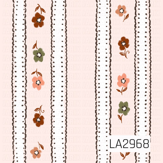 A delicate seamless stripe featuring a soft cream background accented with white lace ribbons, dotted trim, and hand-painted flowers in warm rust, peach, coral, and muted olive. This charming vintage-inspired design offers a cozy cottage feel and makes a beautiful coordinating print for autumn, floral, and whimsical collections.
