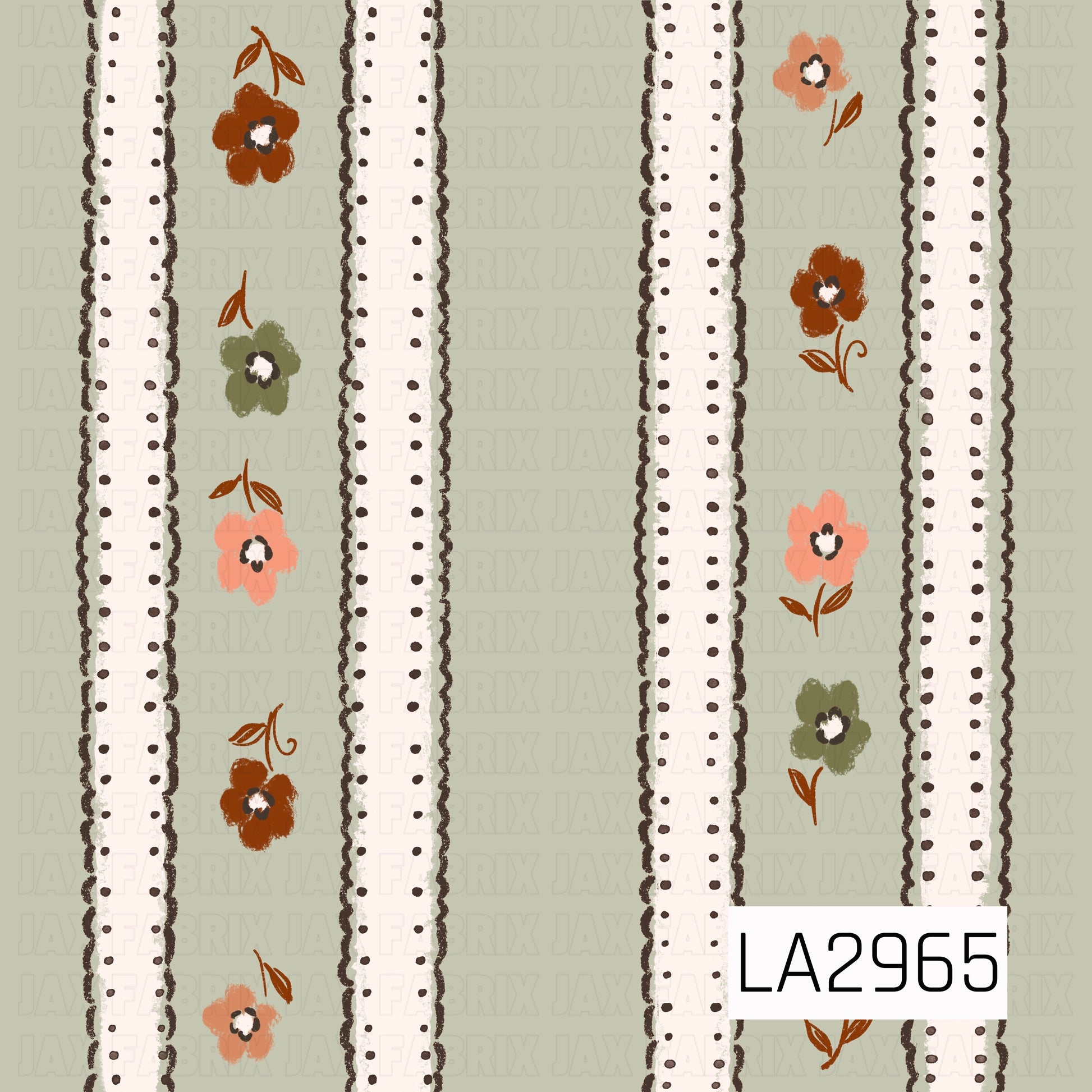 A charming seamless stripe featuring a soft sage green background with delicate white lace ribbons, dotted trim, and hand-painted flowers in warm rust, peach, coral, and muted olive. This vintage-inspired design offers a cozy cottage feel and makes a beautiful coordinating print for autumn, floral, and whimsical collections.
