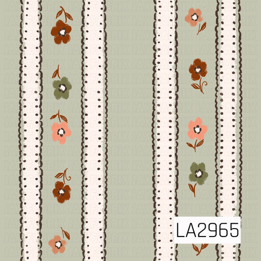 A charming seamless stripe featuring a soft sage green background with delicate white lace ribbons, dotted trim, and hand-painted flowers in warm rust, peach, coral, and muted olive. This vintage-inspired design offers a cozy cottage feel and makes a beautiful coordinating print for autumn, floral, and whimsical collections.
