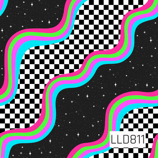 A vibrant retro pattern featuring black-and-white checkers flowing through a starry black background, bordered by bold wavy stripes in hot pink, neon green, purple, and bright blue. The colorful waves and scattered stars create a fun, cosmic-inspired design with a playful vintage feel.

