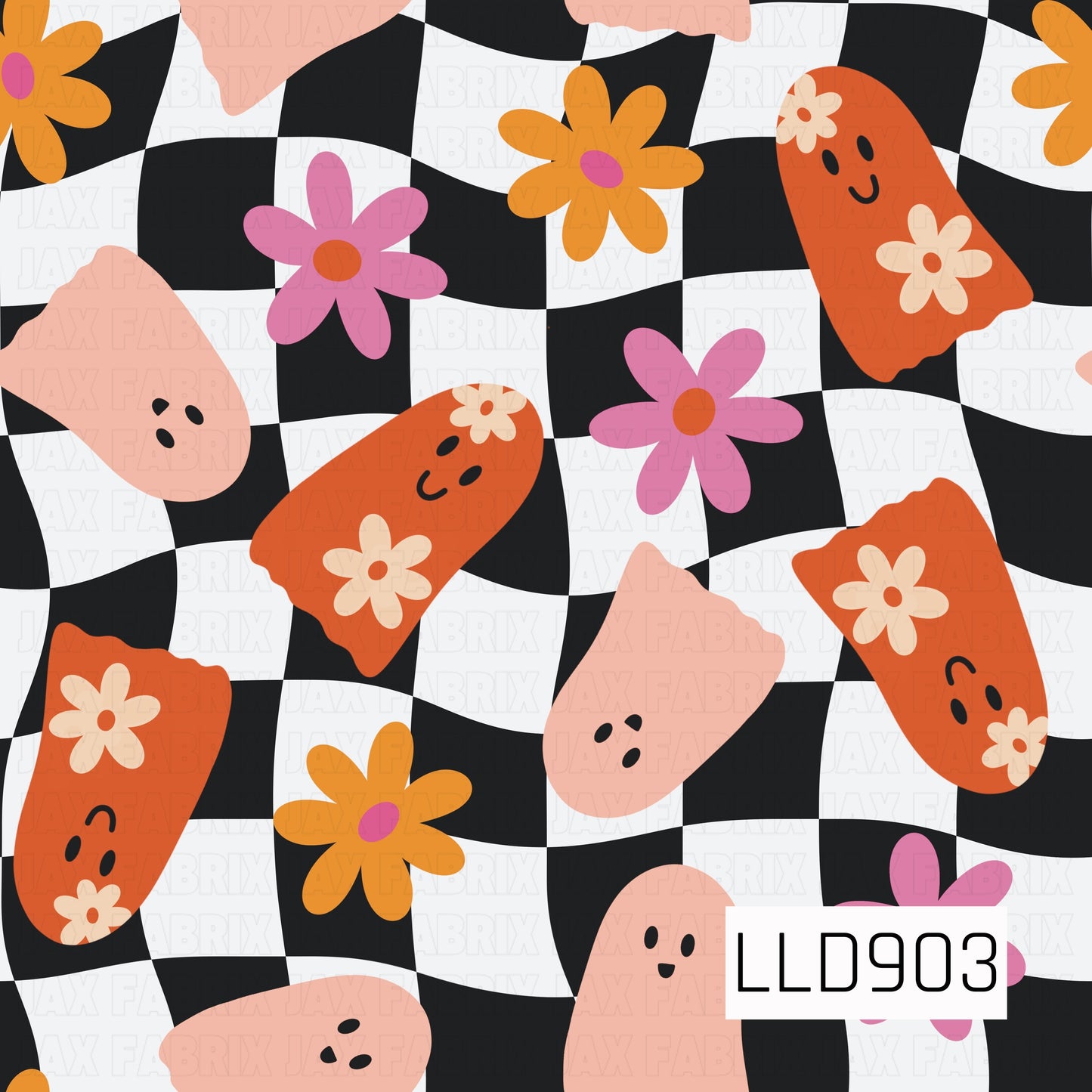 A playful retro Halloween design featuring cute smiling ghosts, colorful daisies, and a bold wavy black-and-white checkerboard background. Warm orange and peach ghosts are mixed with bright pink and golden yellow flowers for a fun, groovy twist on spooky season.

