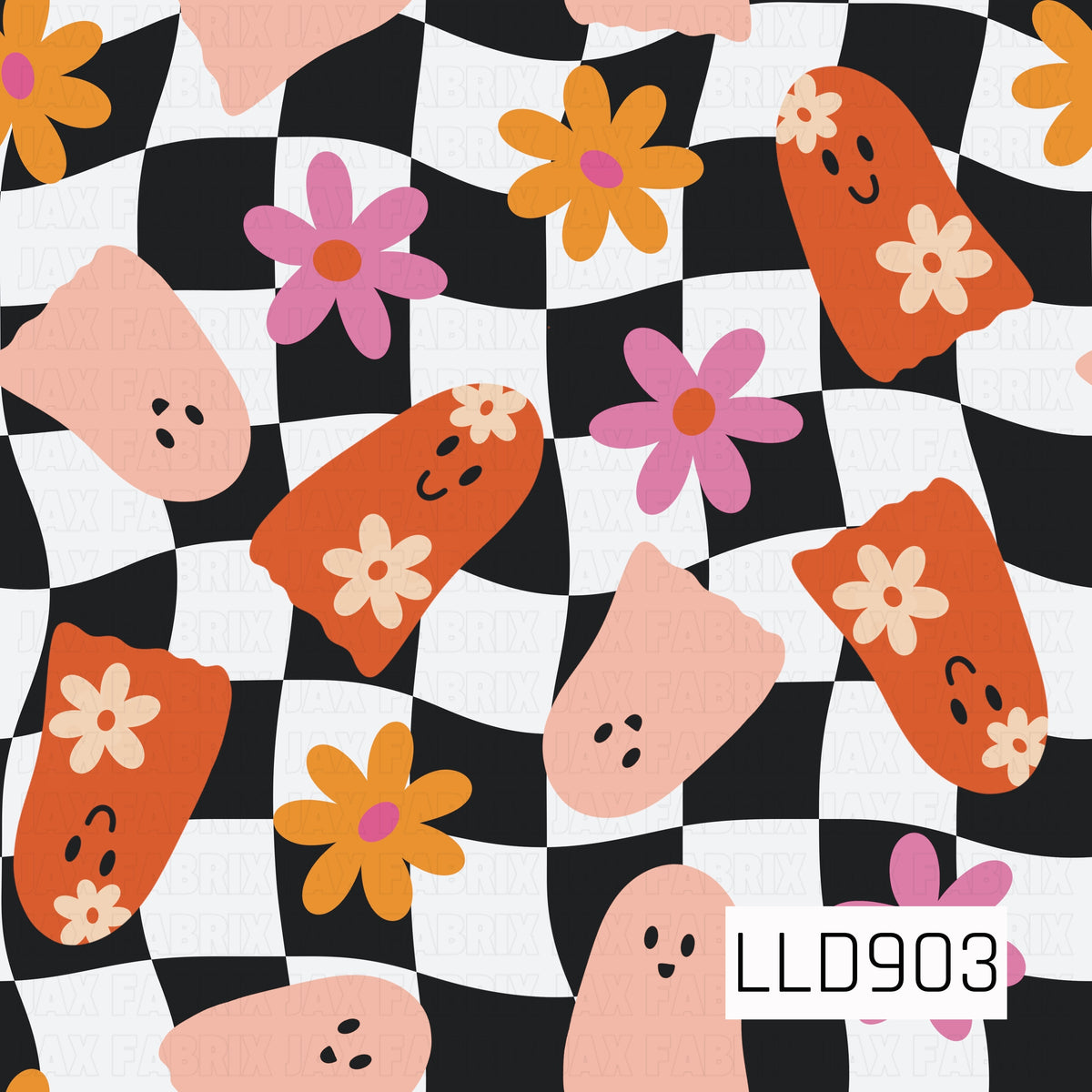 A playful retro Halloween design featuring cute smiling ghosts, colorful daisies, and a bold wavy black-and-white checkerboard background. Warm orange and peach ghosts are mixed with bright pink and golden yellow flowers for a fun, groovy twist on spooky season.
