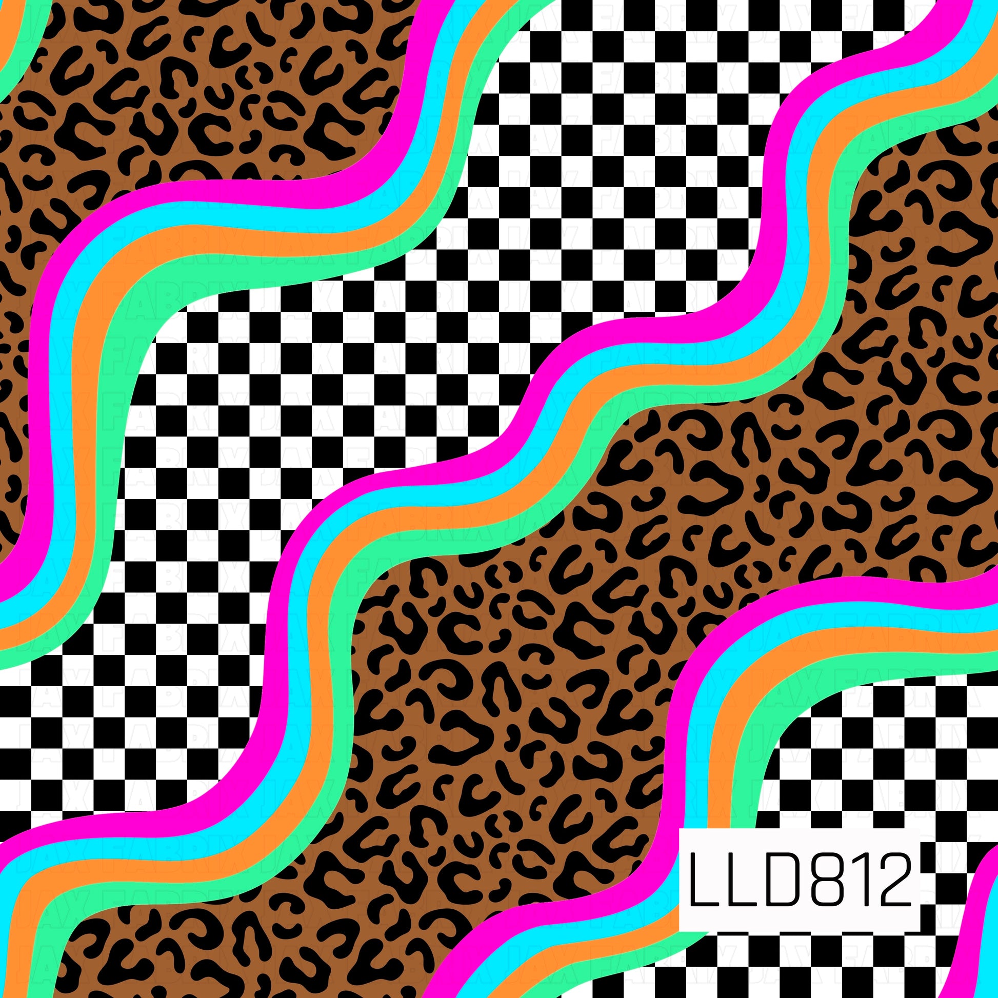 A bold retro pattern featuring black-and-white checkers paired with rich brown leopard print, divided by vibrant wavy stripes in hot pink, aqua, mint, and orange. The mix of classic prints and bright colors creates a playful, eye-catching design with a fun vintage vibe.
