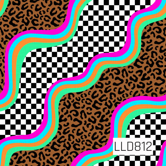 A bold retro pattern featuring black-and-white checkers paired with rich brown leopard print, divided by vibrant wavy stripes in hot pink, aqua, mint, and orange. The mix of classic prints and bright colors creates a playful, eye-catching design with a fun vintage vibe.
