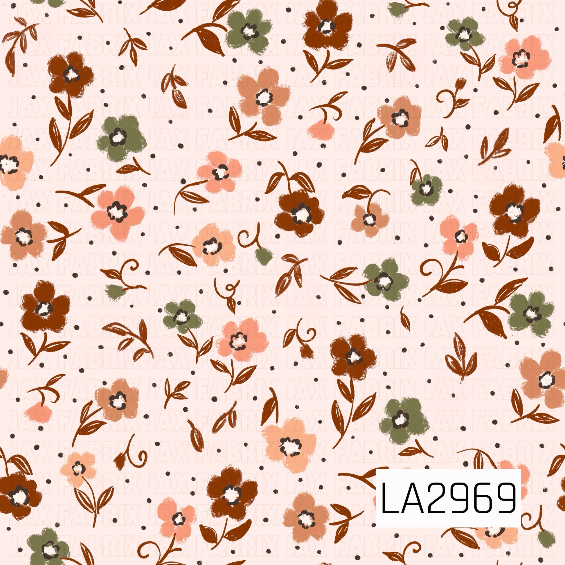 A sweet seamless floral pattern featuring hand-painted wildflowers and delicate leafy sprigs scattered across a soft cream background. Warm rust, peach, blush, and muted olive blooms are accented with tiny black dots, creating a cozy vintage-inspired design that makes a beautiful coordinating print for autumn, cottagecore, and floral collections.
