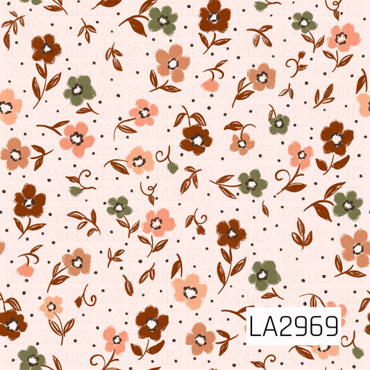 A sweet seamless floral pattern featuring hand-painted wildflowers and delicate leafy sprigs scattered across a soft cream background. Warm rust, peach, blush, and muted olive blooms are accented with tiny black dots, creating a cozy vintage-inspired design that makes a beautiful coordinating print for autumn, cottagecore, and floral collections.
