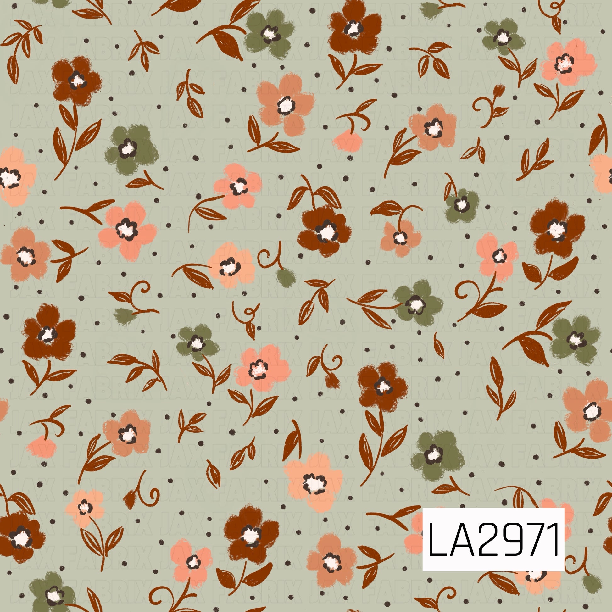 A charming seamless floral pattern featuring hand-painted wildflowers and leafy sprigs scattered across a soft sage green background. Warm rust, peach, coral, and muted olive blooms are accented with tiny black dots, creating a cozy vintage-inspired design that makes a beautiful coordinating print for autumn, cottagecore, and floral collections.
