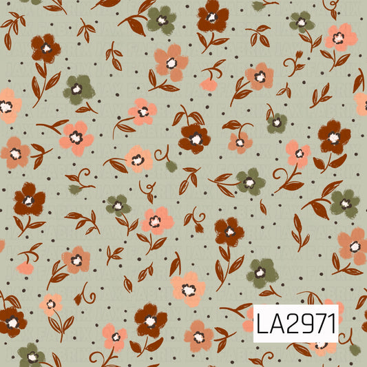 A charming seamless floral pattern featuring hand-painted wildflowers and leafy sprigs scattered across a soft sage green background. Warm rust, peach, coral, and muted olive blooms are accented with tiny black dots, creating a cozy vintage-inspired design that makes a beautiful coordinating print for autumn, cottagecore, and floral collections.
