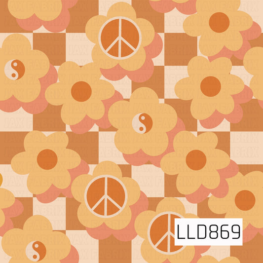 A warm retro floral design featuring oversized groovy flowers layered over a bold checkerboard background. Peace signs and yin-yang symbols are mixed throughout, with a vintage palette of mustard yellow, burnt orange, peach, and cream for a fun 70s-inspired look.
