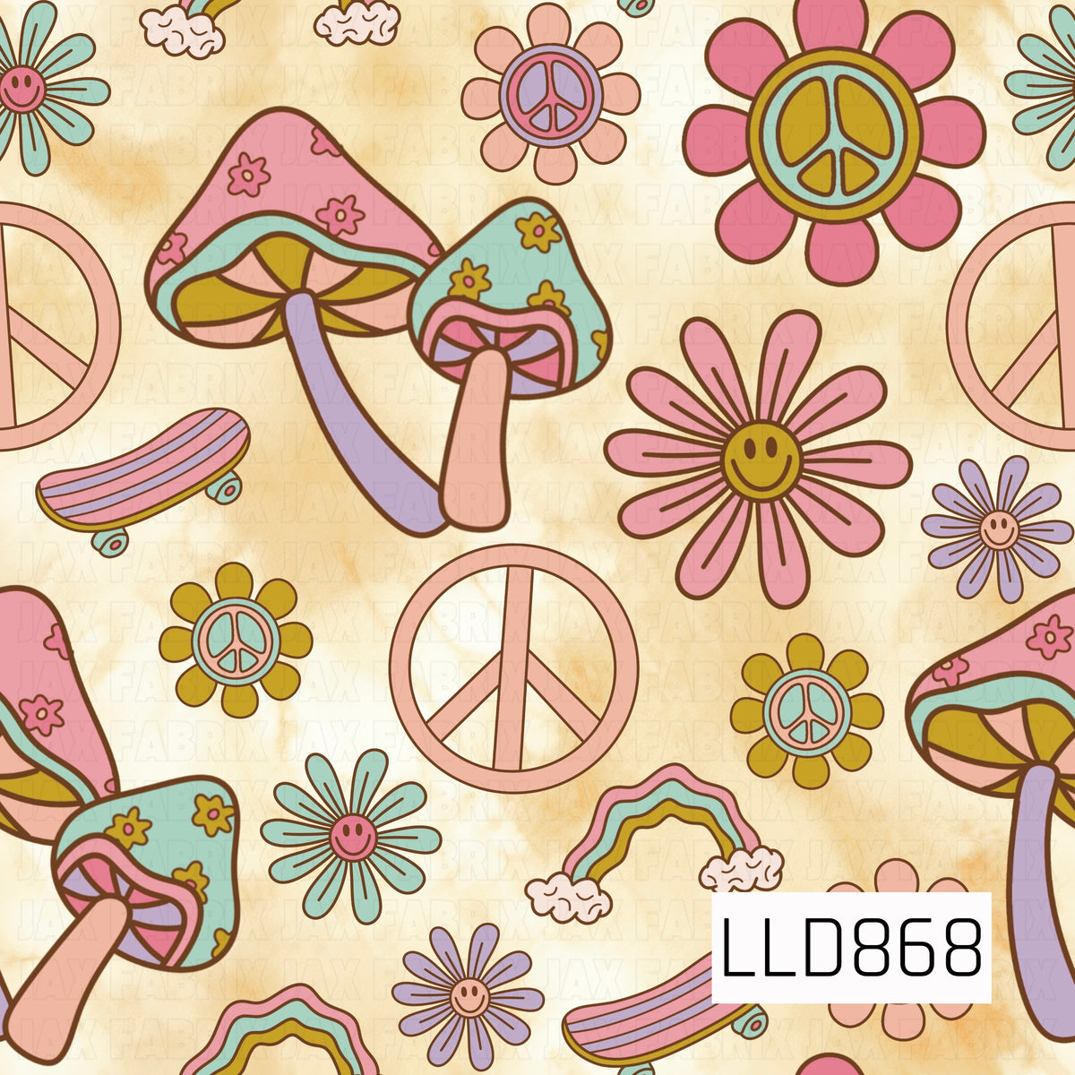 A groovy retro-inspired design featuring colorful mushrooms, smiley-face flowers, peace signs, rainbows, and skateboards. Soft pink, aqua, lavender, mustard, and peach tones are paired with a lightly textured cream background for a fun vintage 70s feel.
