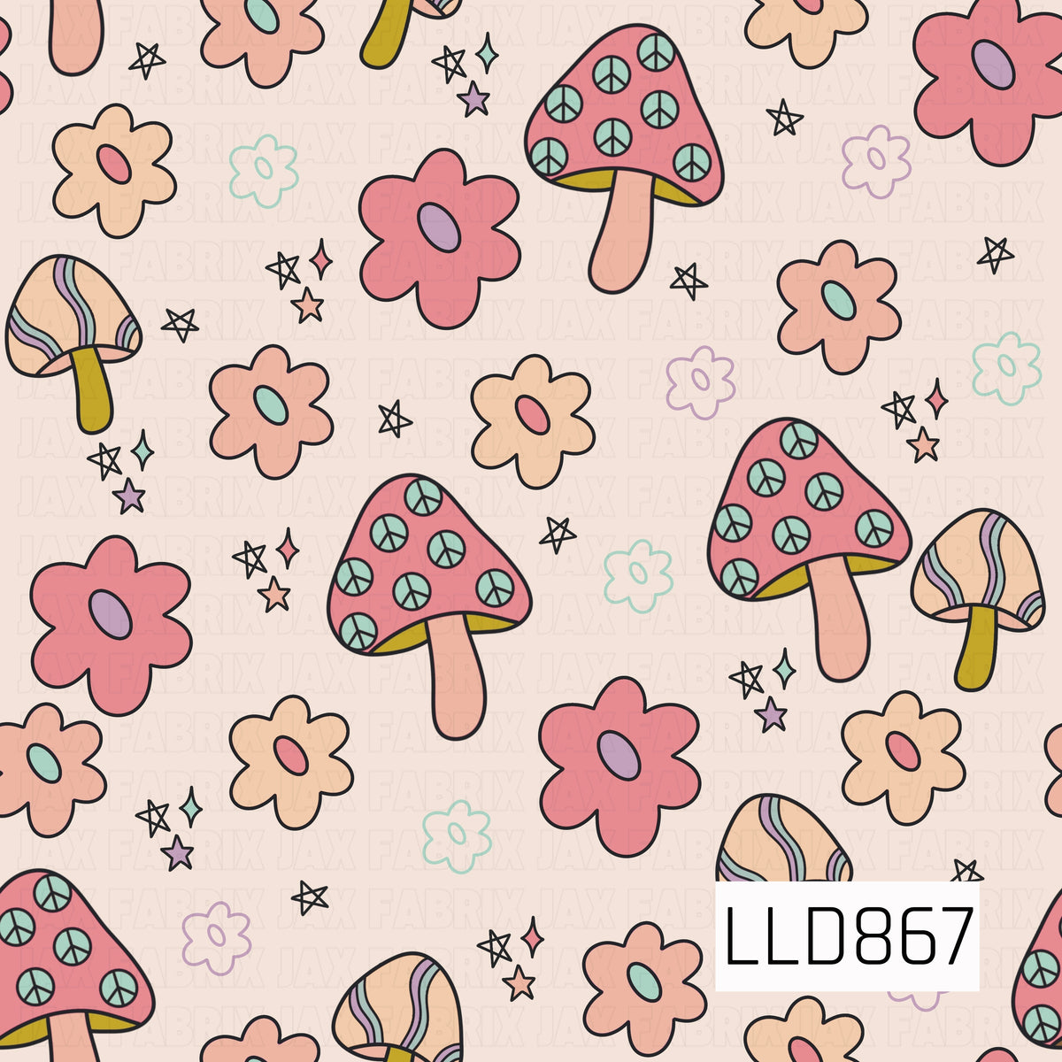 A playful retro-inspired design featuring colorful mushrooms, groovy flowers, peace signs, stars, and tiny sparkles. Shades of coral, pink, peach, mint, lavender, and mustard create a fun vintage palette, with peace symbols incorporated into the mushroom caps for an extra whimsical touch.
