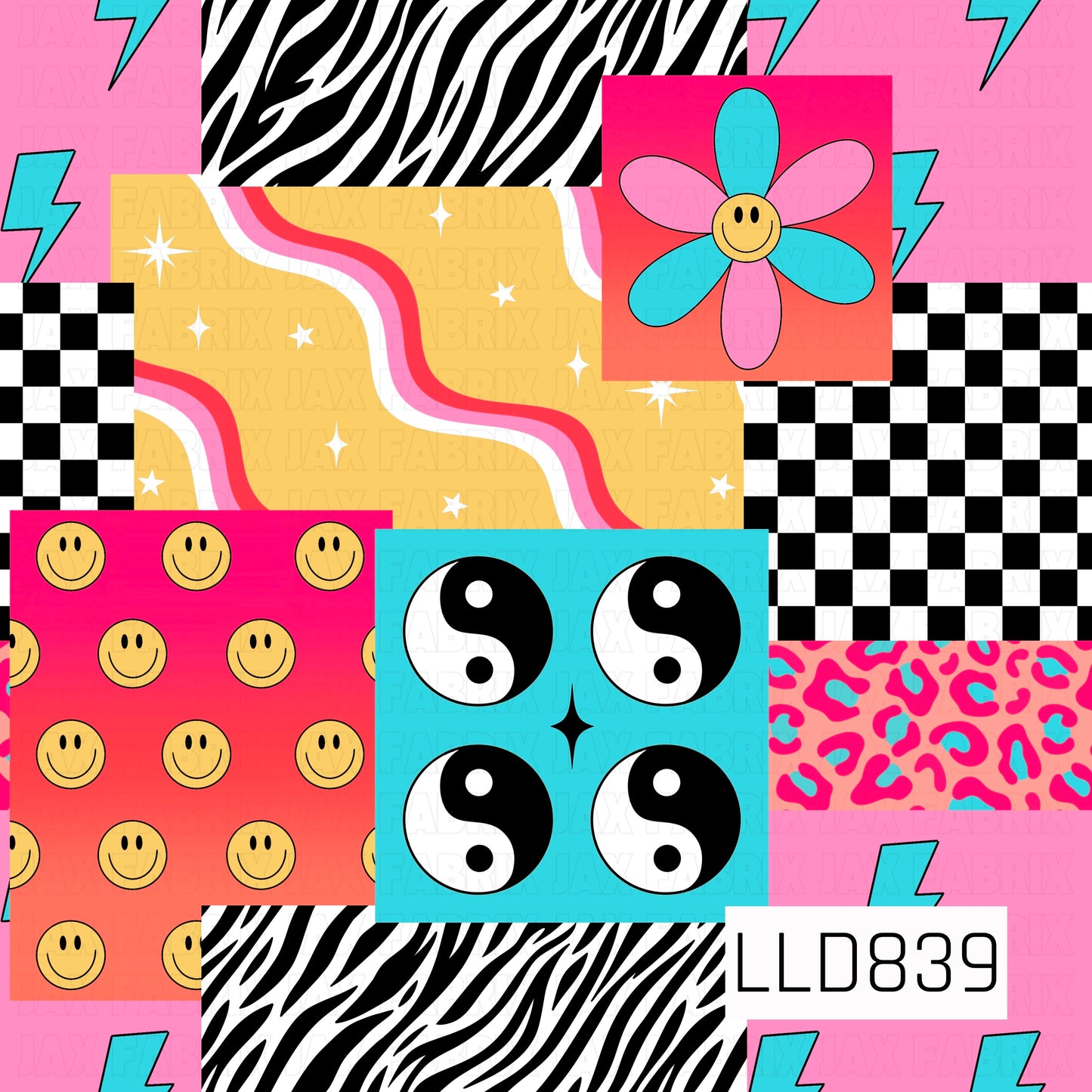 A retro patchwork seamless pattern featuring black and white checkerboard, zebra print, leopard print, smiley faces, yin-yang symbols, flowers, lightning bolts, wavy stripes, and sparkles in bright pink, teal, yellow, coral, and black.
