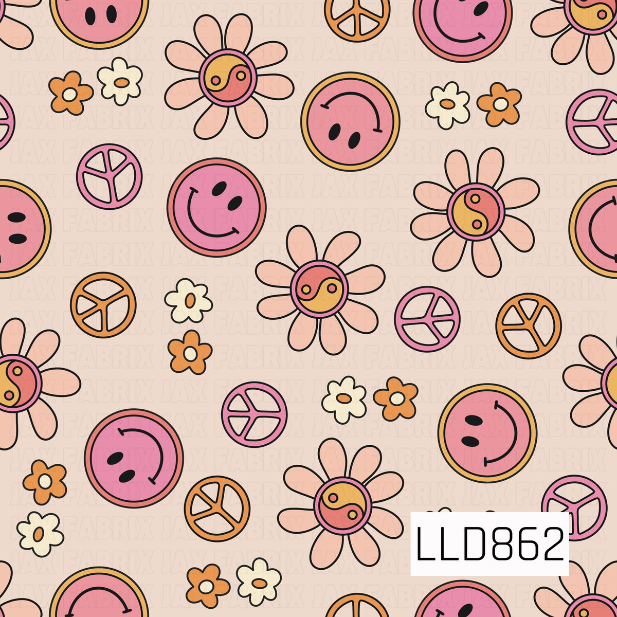 A fun retro-inspired design featuring bright pink smiley faces, peace signs, groovy daisies, and yin-yang accents. Warm shades of pink, coral, peach, orange, and golden yellow pop against a soft cream background for a playful vintage feel.
