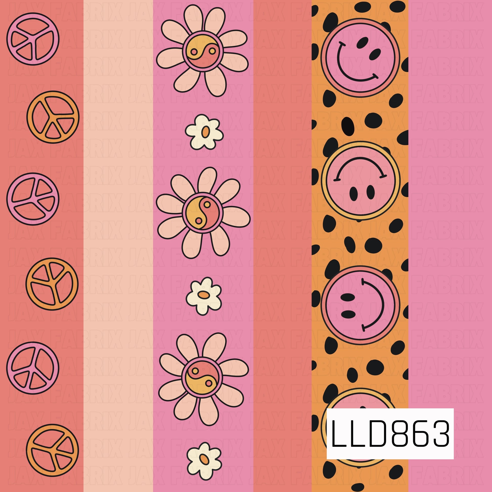 A playful retro stripe design featuring alternating bands of peace signs, groovy daisies, smiley faces, and bold black spots. A cheerful palette of coral, pink, peach, orange, and golden yellow gives it a fun vintage-inspired feel.
