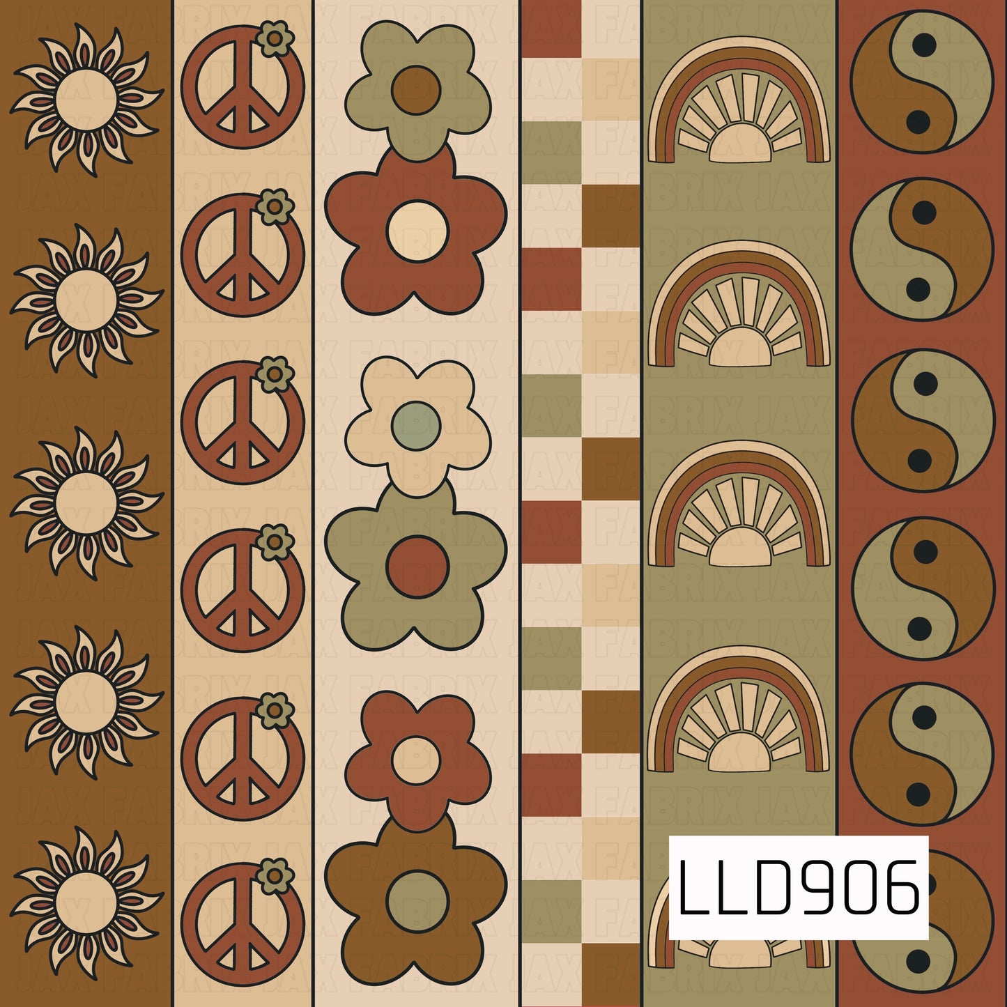 A retro-inspired stripe pattern featuring sunbursts, peace signs, groovy flowers, checkerboard blocks, rainbows, and yin-yang symbols. The earthy palette of rust, mustard, olive green, tan, and cream gives the design a warm vintage 70s feel.
