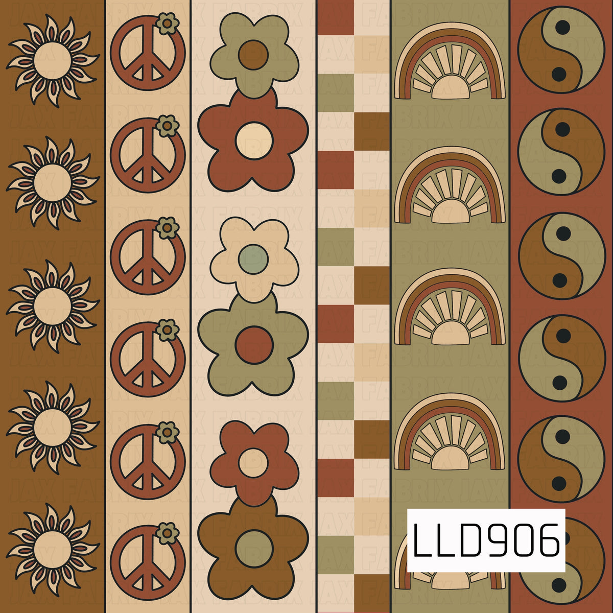 A retro-inspired stripe pattern featuring sunbursts, peace signs, groovy flowers, checkerboard blocks, rainbows, and yin-yang symbols. The earthy palette of rust, mustard, olive green, tan, and cream gives the design a warm vintage 70s feel.
