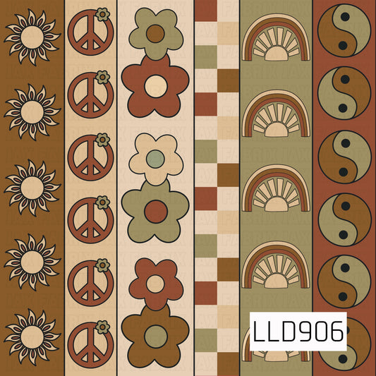 A retro-inspired stripe pattern featuring sunbursts, peace signs, groovy flowers, checkerboard blocks, rainbows, and yin-yang symbols. The earthy palette of rust, mustard, olive green, tan, and cream gives the design a warm vintage 70s feel.
