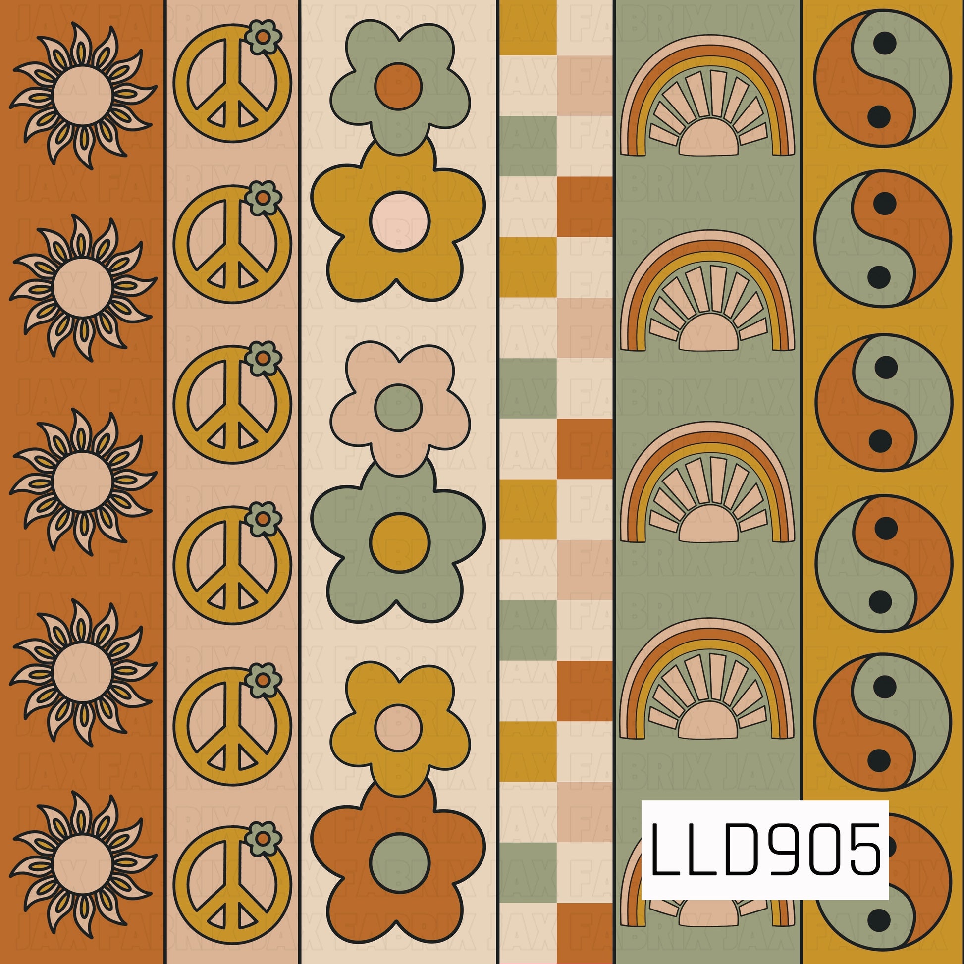 A retro boho stripe design featuring sunbursts, peace signs, groovy flowers, checkerboard blocks, rainbows, and yin-yang symbols. Warm shades of mustard, burnt orange, sage green, peach, and cream give the pattern a cozy vintage 70s feel.
