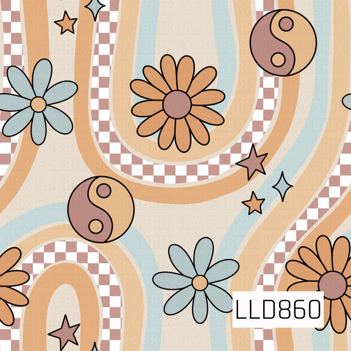 A groovy retro design featuring wavy stripes in warm peach, golden tan, cream, and soft blue. Oversized daisies, yin-yang symbols, stars, and sparkle accents are scattered throughout, with checkerboard details adding a fun vintage touch.
