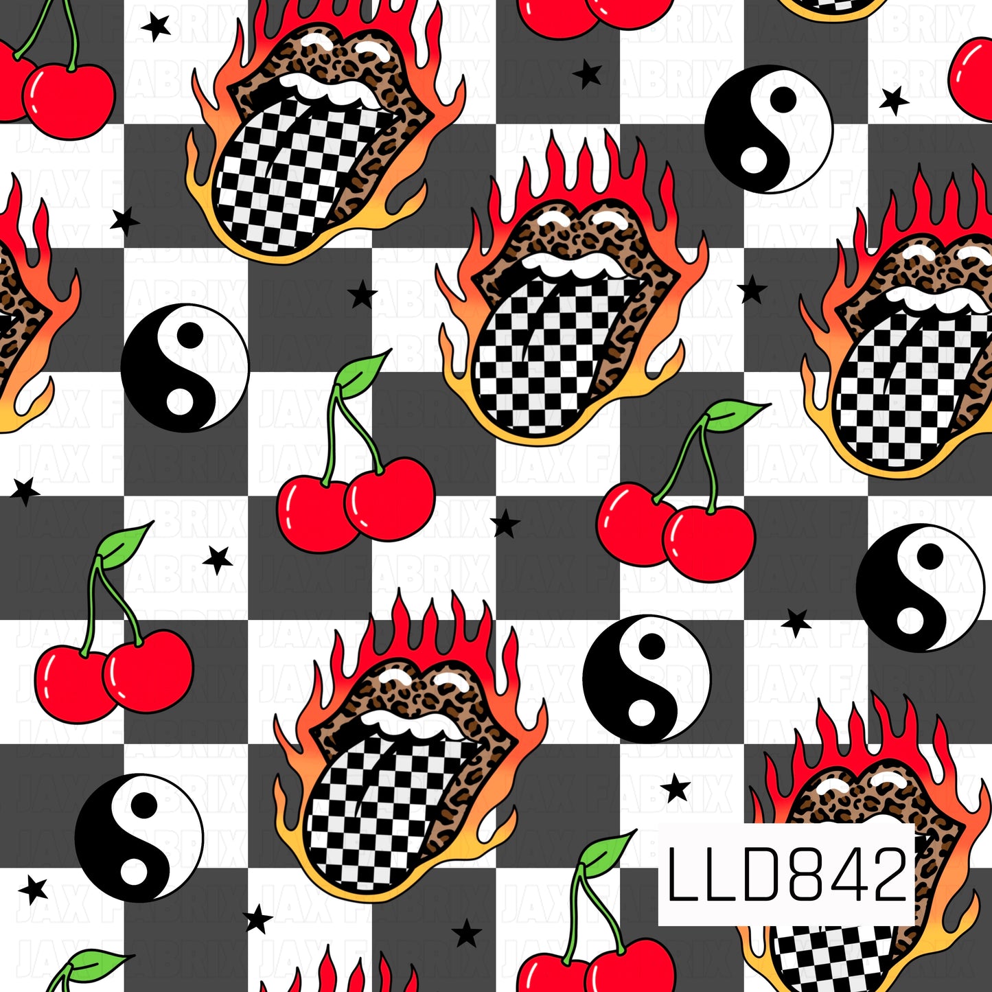 A seamless pattern featuring flaming leopard print lips with black and white checkerboard tongues, paired with red cherries, black and white yin-yang symbols, and black sparkles on a gray and white checkerboard background.
