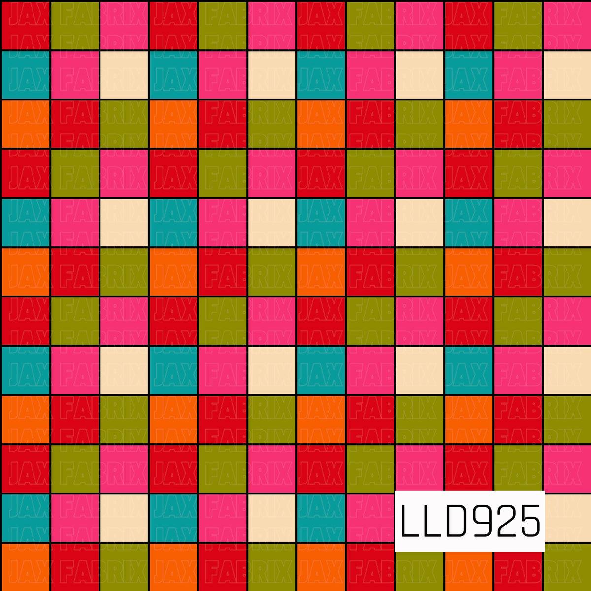 A bold retro checkered pattern featuring repeating blocks of bright red, hot pink, orange, teal, olive green, and soft cream. Thin black outlines separate each square, creating a colorful geometric design with a fun vintage-inspired feel.
