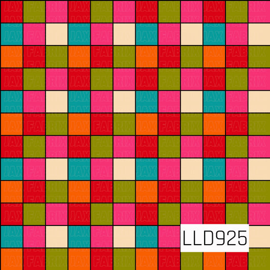 A bold retro checkered pattern featuring repeating blocks of bright red, hot pink, orange, teal, olive green, and soft cream. Thin black outlines separate each square, creating a colorful geometric design with a fun vintage-inspired feel.
