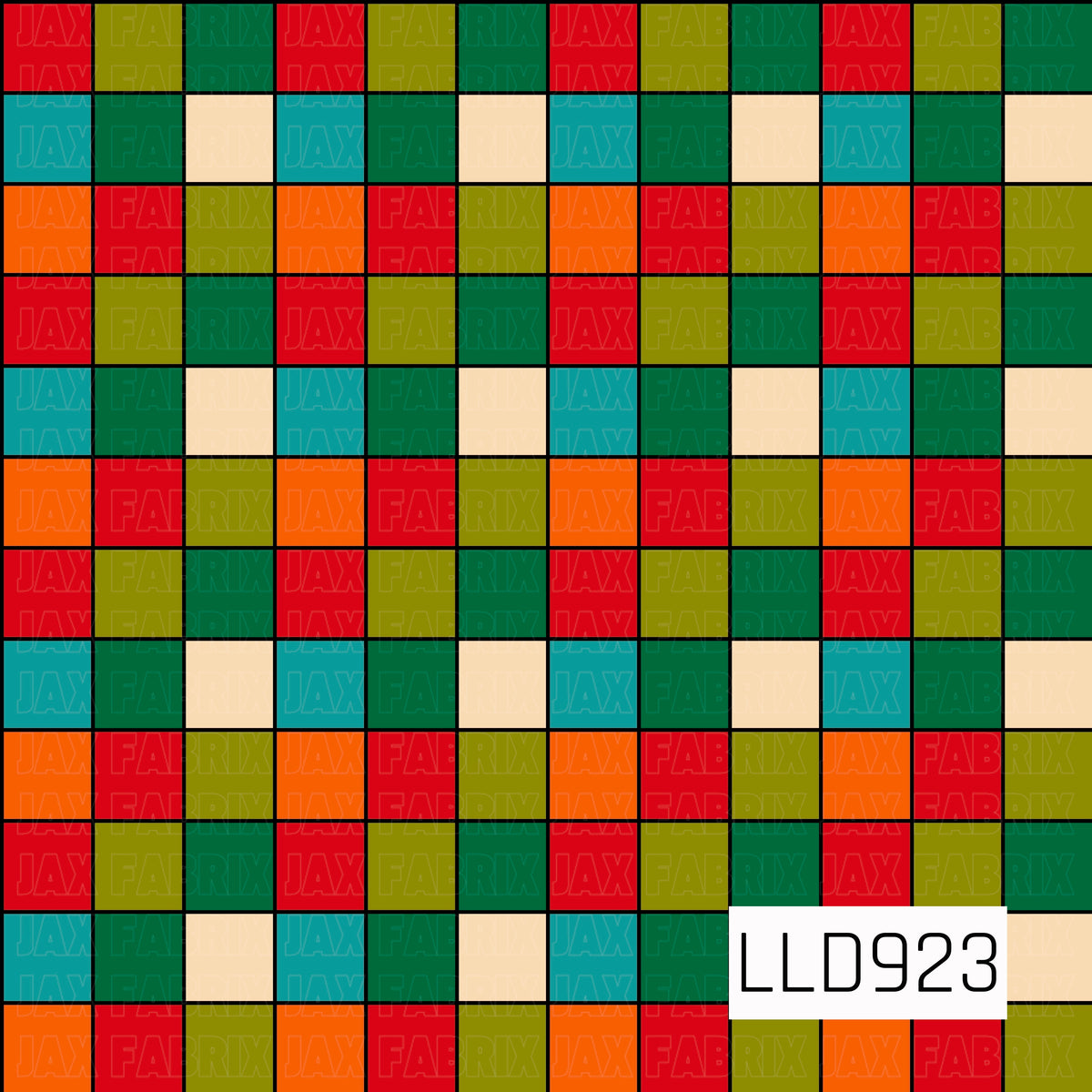 A bold retro checkered pattern featuring repeating blocks of bright red, orange, teal, deep green, olive, and soft cream. Thin black outlines separate each square, giving the design a colorful vintage holiday feel.
