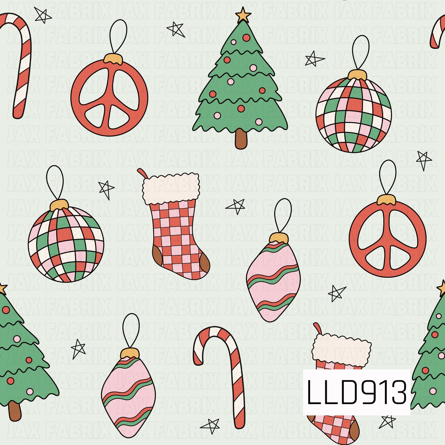 A playful retro Christmas design featuring decorated Christmas trees, plaid ornaments, peace sign ornaments, pink swirled ornaments, candy canes, and cozy plaid stockings. Scattered hand-drawn stars add a whimsical touch, while the soft mint background and festive shades of red, pink, green, and gold give it a cheerful vintage holiday feel.

