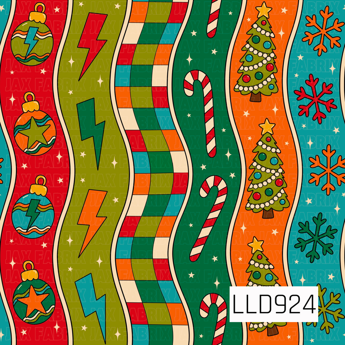 A bold retro Christmas stripe featuring wavy vertical bands filled with colorful holiday icons. The design includes ornaments, lightning bolts, checkerboard blocks, candy canes, decorated Christmas trees, snowflakes, and scattered stars in vibrant red, orange, teal, green, olive, and cream.
