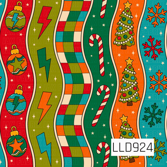 A bold retro Christmas stripe featuring wavy vertical bands filled with colorful holiday icons. The design includes ornaments, lightning bolts, checkerboard blocks, candy canes, decorated Christmas trees, snowflakes, and scattered stars in vibrant red, orange, teal, green, olive, and cream.
