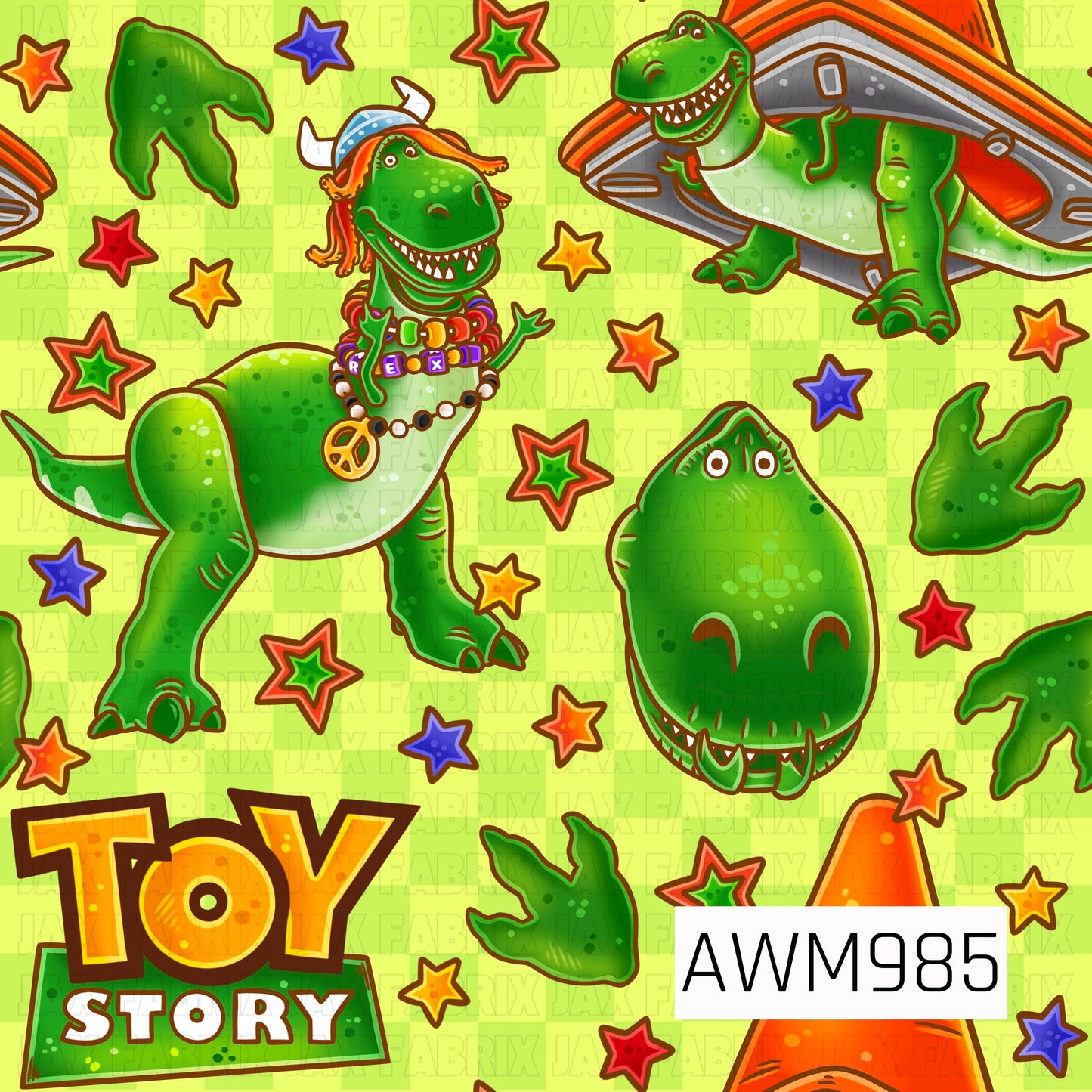 A vibrant toy-inspired pattern featuring a friendly green dinosaur surrounded by colorful stars, dinosaur footprints, and playful toy-themed elements on a bright lime green checkered background. The design includes expressive dinosaur poses, a smiling dinosaur face, and nostalgic toy references, creating a fun and energetic look. Bold shades of green, orange, yellow, red, and blue give the pattern a lively, adventurous feel perfect for dinosaur and toy lovers alike.

