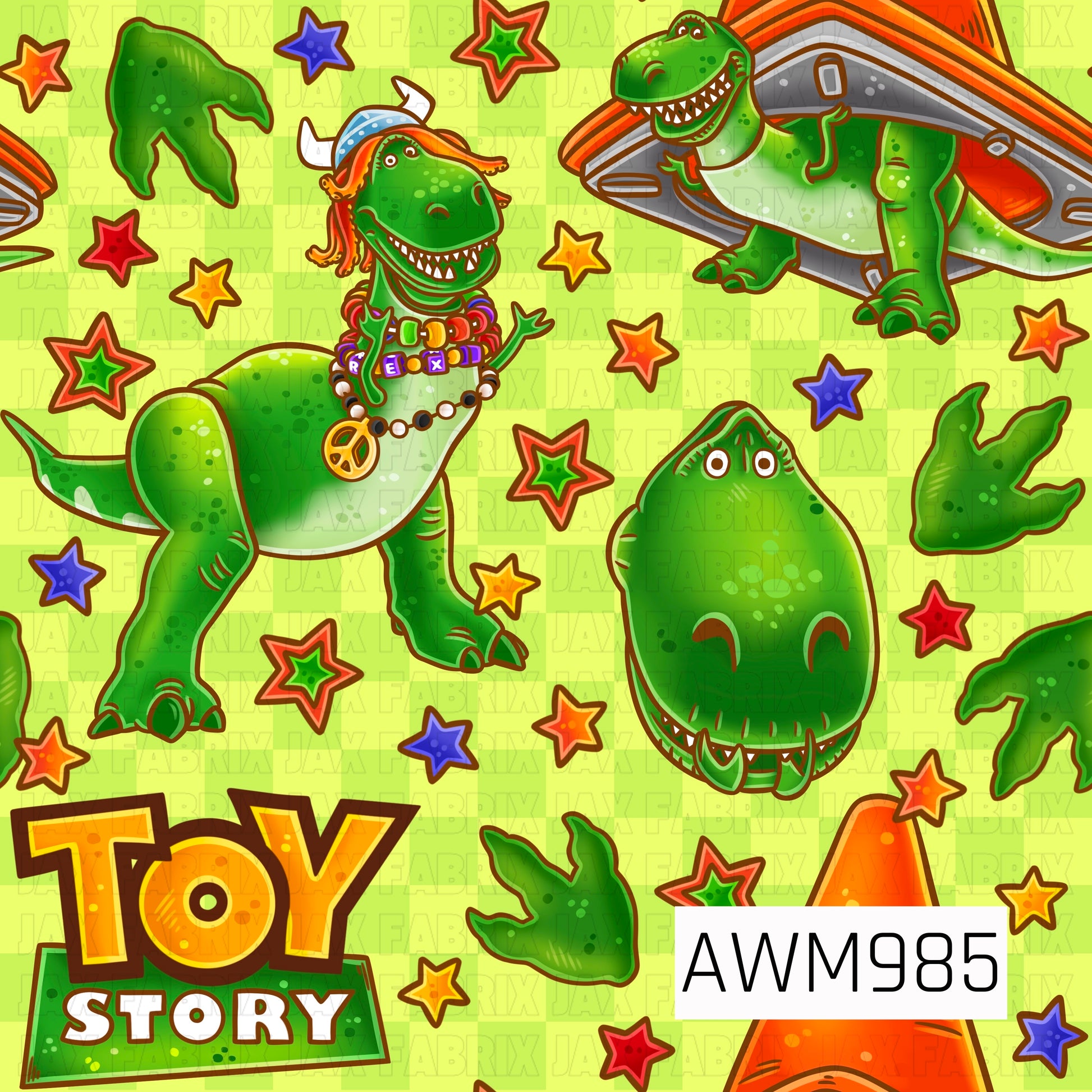 A vibrant toy-inspired pattern featuring a friendly green dinosaur surrounded by colorful stars, dinosaur footprints, and playful toy-themed elements on a bright lime green checkered background. The design includes expressive dinosaur poses, a smiling dinosaur face, and nostalgic toy references, creating a fun and energetic look. Bold shades of green, orange, yellow, red, and blue give the pattern a lively, adventurous feel perfect for dinosaur and toy lovers alike.
