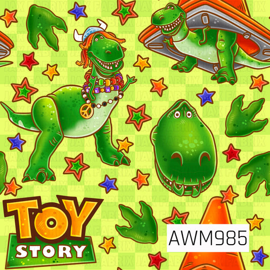 A vibrant toy-inspired pattern featuring a friendly green dinosaur surrounded by colorful stars, dinosaur footprints, and playful toy-themed elements on a bright lime green checkered background. The design includes expressive dinosaur poses, a smiling dinosaur face, and nostalgic toy references, creating a fun and energetic look. Bold shades of green, orange, yellow, red, and blue give the pattern a lively, adventurous feel perfect for dinosaur and toy lovers alike.
