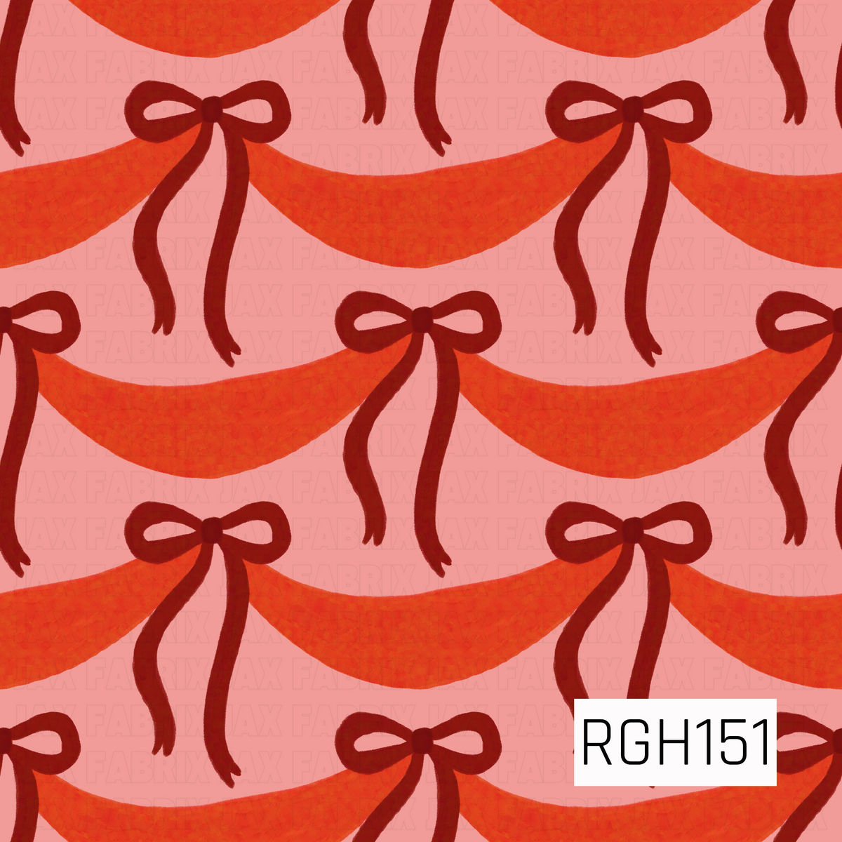 A playful holiday pattern featuring flowing red garlands tied with deep red bows against a soft pink background. The sweeping ribbons and hand-painted texture give it a whimsical, vintage-inspired Christmas feel.
