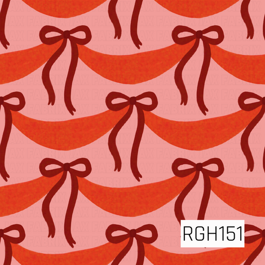 A playful holiday pattern featuring flowing red garlands tied with deep red bows against a soft pink background. The sweeping ribbons and hand-painted texture give it a whimsical, vintage-inspired Christmas feel.
