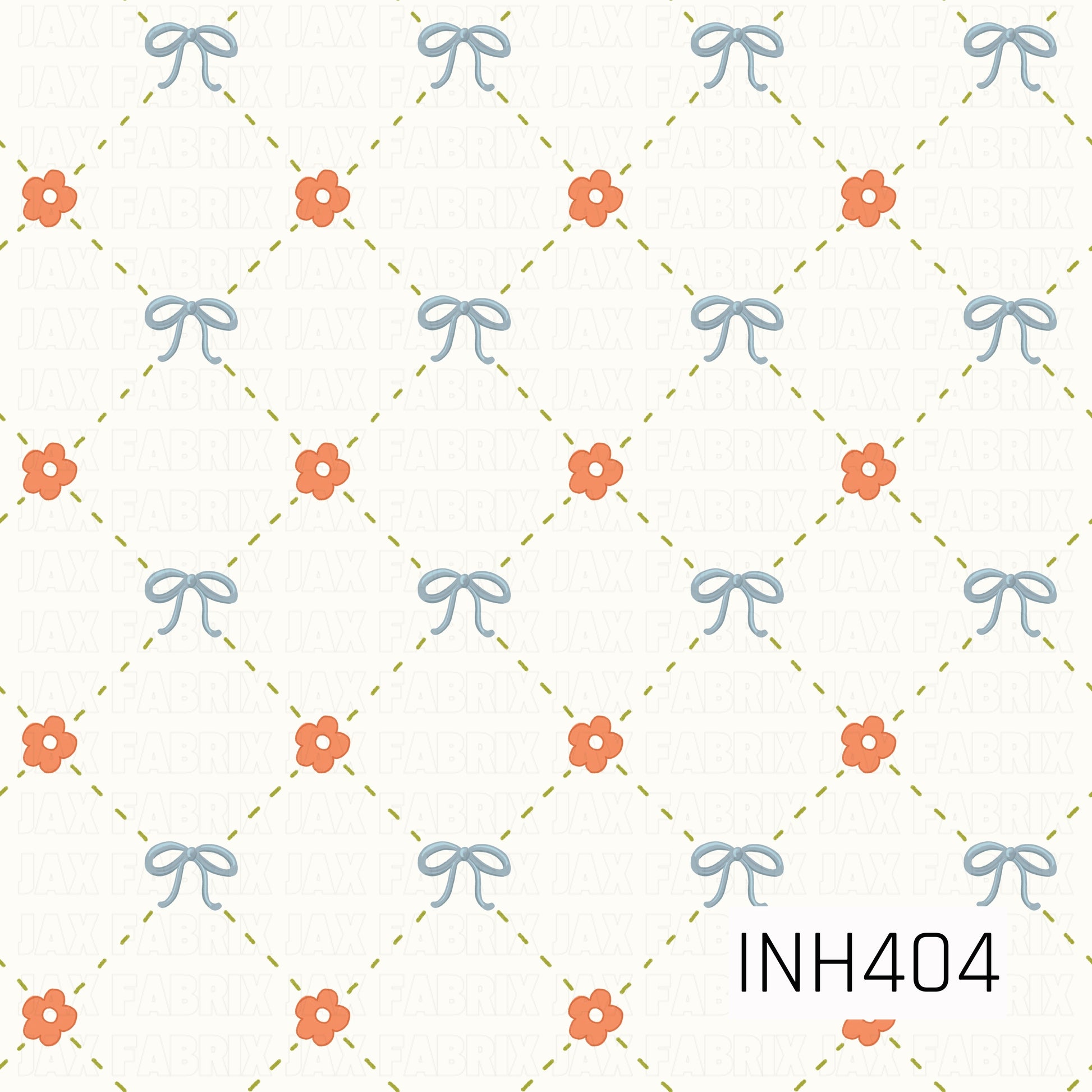 A delicate diamond lattice formed with olive-green dashed lines, alternating soft blue bows and coral flowers on a warm ivory background.
