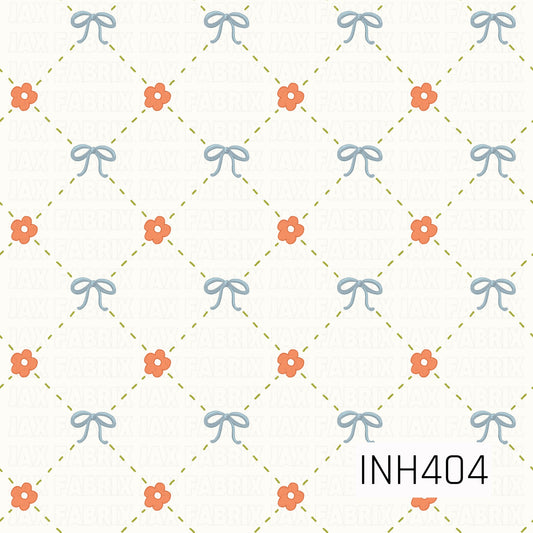A delicate diamond lattice formed with olive-green dashed lines, alternating soft blue bows and coral flowers on a warm ivory background.
