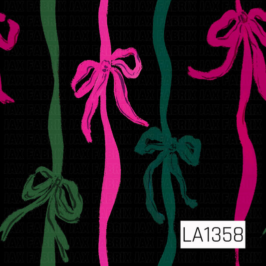 This seamless design features flowing vertical ribbons in vibrant pink, deep green, and teal, each accented with loosely tied bows. Set against a bold black background, the hand-painted texture gives the pattern a playful, artistic feel with a modern twist on classic holiday colors.
