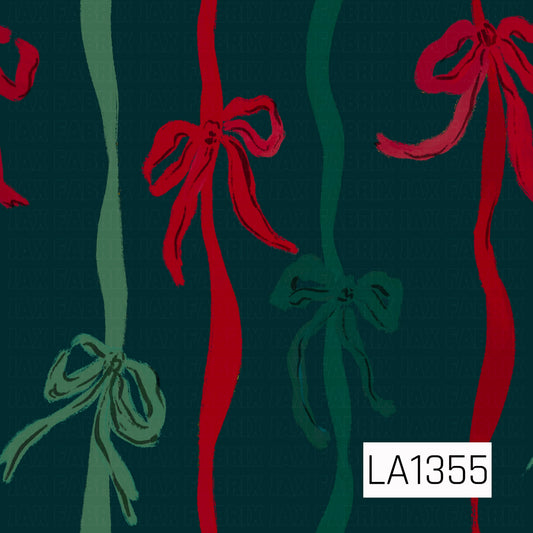 This seamless design features flowing vertical ribbons in bold red and muted green, each finished with loosely tied bows. Set against a deep teal background, the hand-painted brushstroke texture gives the pattern a whimsical, vintage-inspired holiday feel.
