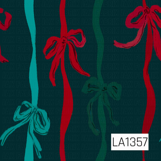 This seamless design features flowing vertical ribbons in bright red, turquoise, and deep green, each accented with loosely tied bows. Set against a rich dark teal background, the hand-painted brushstroke texture gives the pattern a whimsical, artistic holiday feel.
