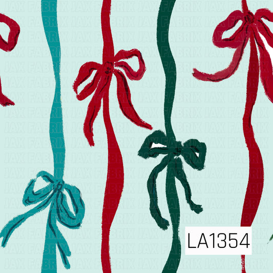 This seamless design features flowing vertical ribbons in bright red, deep green, and teal, each accented with loosely tied bows. Set against a soft mint background, the hand-painted brushstroke texture gives it a whimsical, artistic holiday feel.
