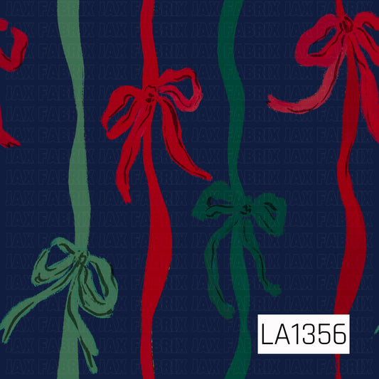 This seamless design features flowing vertical ribbons in bright red and green, each accented with loosely tied bows. A deep navy blue background creates a rich contrast, while the hand-painted brushstroke texture gives the pattern a playful, vintage-inspired holiday look.
