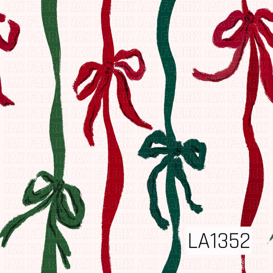 This seamless design features flowing vertical ribbons in classic Christmas red and deep green, each accented with hand-painted bows. The warm cream background and slightly textured brushstroke style give the pattern a simple, whimsical holiday look.
