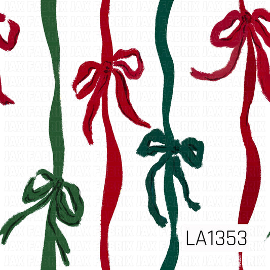 This seamless design features flowing vertical ribbons in classic Christmas red and deep green, each finished with loosely tied bows. A crisp white background and hand-painted brushstroke texture give the pattern a simple, whimsical holiday feel.
