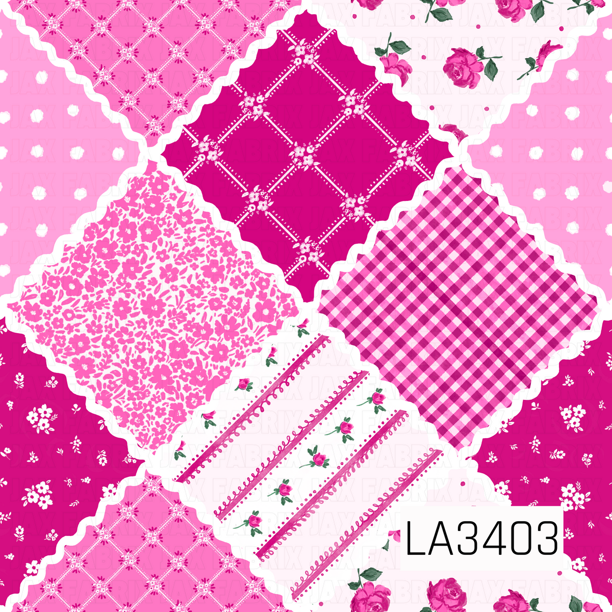 A playful, vintage-inspired patchwork design featuring a mix of vibrant hot pink, magenta, blush pink, and white patterns arranged in oversized diamond-shaped sections. Each patch features a different coordinating print, including watercolor roses, dainty florals, gingham checks, polka dots, decorative stripes, and floral lattice patterns. Wavy white rick rack borders separate each section, giving this design a charming, quilt-inspired look.