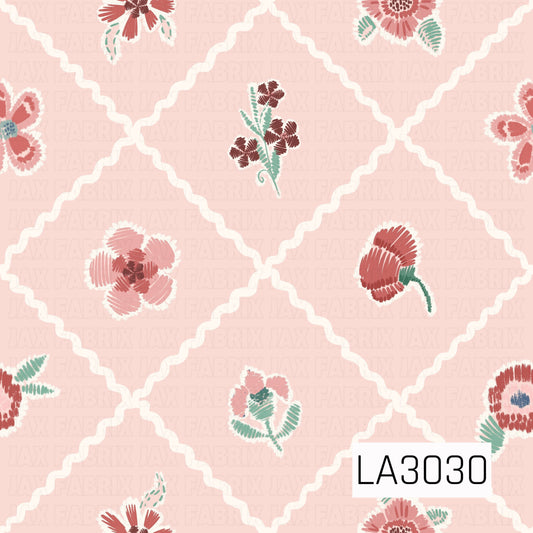 A sweet vintage-inspired floral featuring scattered coral, blush, and mint blooms framed inside a soft cream rickrack lattice. The pale pink background and stitched, handcrafted texture give it a charming retro cottage feel.
