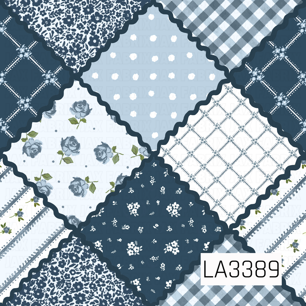 A charming vintage-inspired patchwork pattern featuring alternating diamond-shaped sections of dusty blue roses, delicate navy florals, soft blue polka dots, gingham checks, and dainty floral stripes. Each section is outlined with a deep navy scalloped rickrack border, creating a sweet quilt-inspired design in coordinating shades of navy, powder blue, white, and soft green.